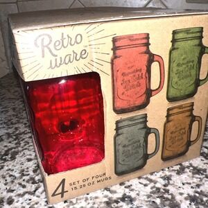 Retroware Glass Mason Jar Mug with Handle Set of 4 15.25oz Colored Glassware NEW